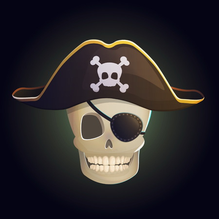 Illustration of a spooky smiling human pirate hook ghost scull in a pirate hat with scull and bones and eye patch on eye. Design element for web, decoration and print.のイラスト素材