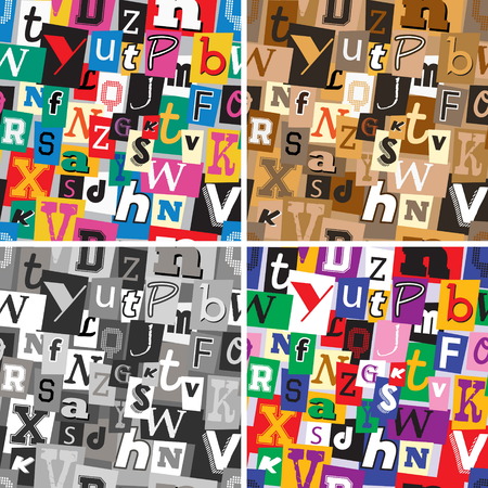 A set of vibrant multicoloured, monochrome and sepia kidnapper ransom note seamless patterns. Fun background with letters for decoration, background and print.のイラスト素材