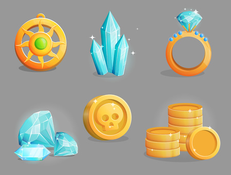 A collection of shiny magic precious gemstones, golden coins, presious jewelry, ring and pendant necklace. Game and app ui icons, decoration and design elements.のイラスト素材