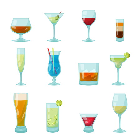 Various kinds of bar glasses with drinks and coctails inside, shot with b-52, blue lagoon, mojito, campari, champagne flute glass, wine. Isolated vector objects.のイラスト素材