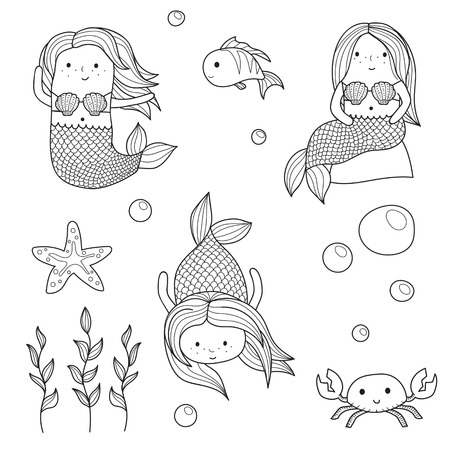 Cute doodle kid-like drawn style vector set of mermaids and underwater sea life creatures. Chibi fun mermaids, crab, fish and starfish, sea weeds and bubbles.のイラスト素材
