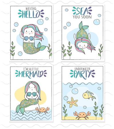Cute doodle kid-like drawn style vector set of mermaids and underwater sea life creatures. Chibi fun mermaids, crab, fish and starfish, sea weeds and bubbles.のイラスト素材