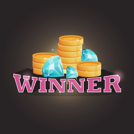 Winner screen vector background with coins and diamonds. Lottery, computer game, treasure quest, promotion coupon winner advertisment.のイラスト素材