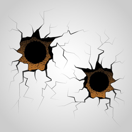Bullet holes with cracks and surface destruction. Vector texture template, shooting a wepon decoration element, crushed wall violent with gunshot.のイラスト素材