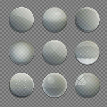 Collection of transparent isolated glass bubble circle app buttons with various shading and texture. UI editable design elements.のイラスト素材
