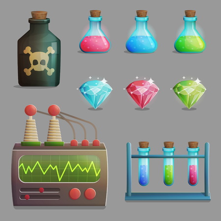 A collection of items for mad evil professor human experiment laboratory design. Test tubes, poison bottle, lab equipment, gemstones.のイラスト素材