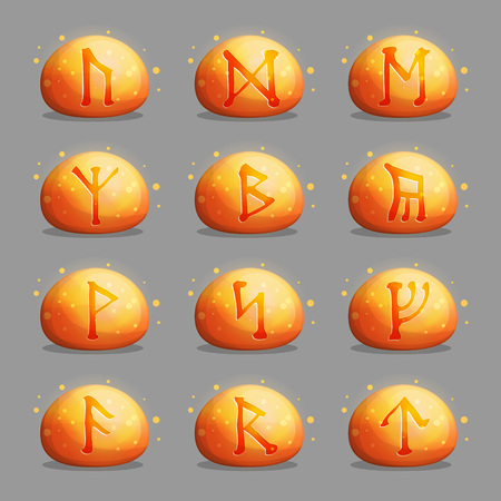 A collection of magical runic stones with Celtic mysterious signs and letters shining inside of them. Design elements and icons for quest,のイラスト素材