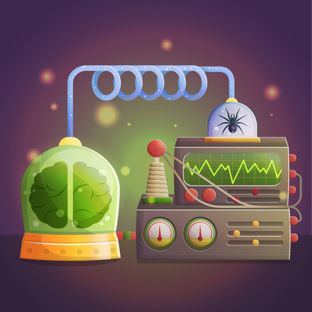 Illustration of a mad evil professor human experiment laboratory elements. Canned brain and spider, experimental lab equipment for data processing.のイラスト素材