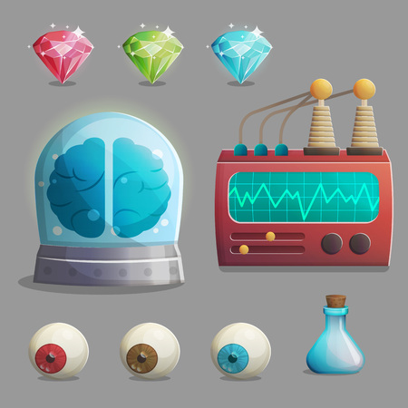 A collection of items for mad evil professor human experiment laboratory design. Canned brain, human eyeballs, lab equipment, gemstones.のイラスト素材