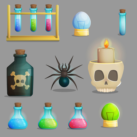 A collection of items for mad evil professor human experiment laboratory design. Test tubes, poison bottle, lab equipment, spider and other spooky elements.のイラスト素材