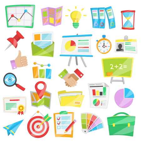 Collection of bright cartoon vector illustrations for presntation, business report and data analisys, startup conference and meeting.のイラスト素材