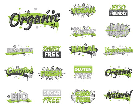 XXL collection of artistic food and drink quality badge stickers. Design elements that inform consumers about halal, kosher, vegan, gluten free and other inspected products.のイラスト素材