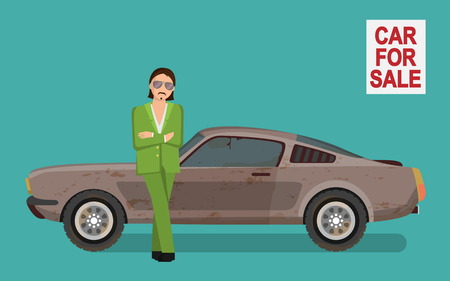 Illustration of a sneaky looking tough gangster man in a green costume selling used dirty and broken car on car sale market, lean against car waiting for client..のイラスト素材