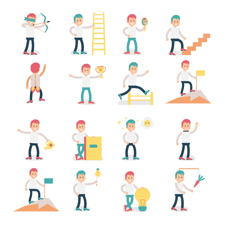 Cartoon character illustrating various activities and psychological terms, setting and successful achievemnt of goals, personal growth and devlopment.のイラスト素材