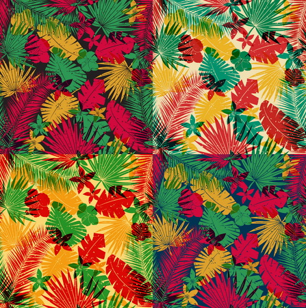 A set of seamless tropical jungle pattern with leaves, plants and flowers. Retro offset print effect, color overlay, anaglyph. Hibiscus, ferns and tropical foliage.のイラスト素材