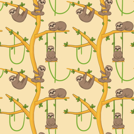 Seamless pattern with cute sloth animals hanging and resting on tropical trees. Endless nature cartoon background for gift wraps, fabric and design.のイラスト素材