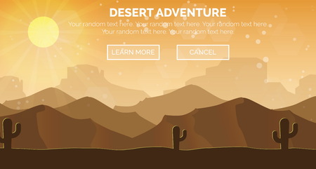 Illustration of sunny hot wild dry desert scene landscape, sand dunes, cactuses. Web header banner template.のイラスト素材