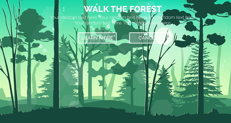 Illustration of sunny morning wild deep forest landscape nature scene, trees, pines, hill, grass. Web header banner template.のイラスト素材