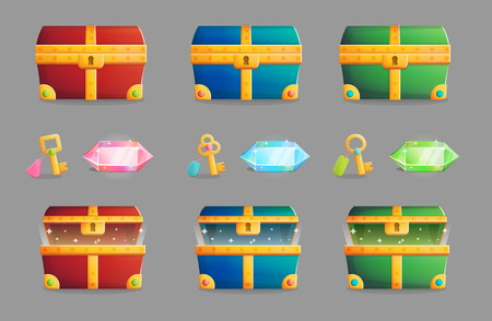 Illustration of an ancient treasure chest locked and open in various color schemes, matching set of keys and precious shining gemstones.のイラスト素材