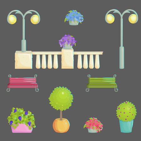 A set of objects for provence style outdoor park public place decoration. Vintage elements for historic place, landmark, flowerpots, benches, concrete fence and street lights.のイラスト素材