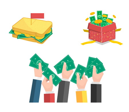 Flat vector illustration set of hands giving and sharing money, sandwich with coind and paper notes, gift box present filled with riches.のイラスト素材