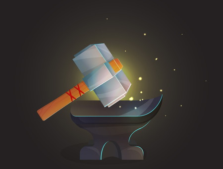 Blacksmith workshop crafting tools, anvil and heavy steel iron hummer forge ironwork with fire sparkles and glowing shine background.のイラスト素材