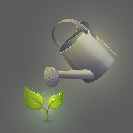 Illustration of watering can pot pouring liquid hydrating ground around the green fresh sprout, sparkling flower with leaves. Isolated vector object.のイラスト素材