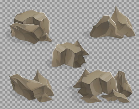 Exploration and mining of natural resources. Set of stones, cracked rocks and mountain elements. Game and app ui icons.のイラスト素材