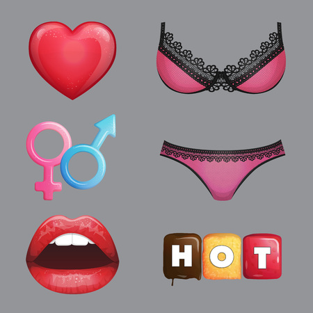 Hot sexy illustrations, flirt and gamble collection, lacy lingerie, male and female sign, sexy open shiny female lips, glossy heart and hot texting.のイラスト素材
