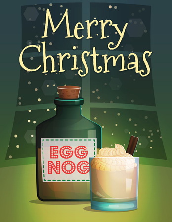 Festive Christmas and New Year card invitation banner template, traditional cozy warm home scene, christmas eggnog bottle and glass with cream and cinnamon on the table.のイラスト素材