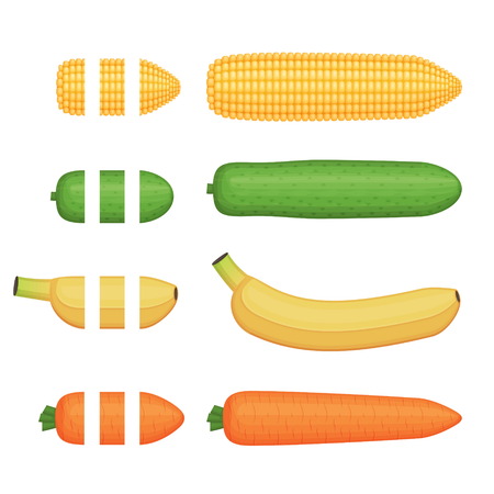 Fruit and vegetables seamless decoration brushes with ending tips, corn, banana. cucumber and carrot. Drag the element to brush pannel to create a pattern brushのイラスト素材