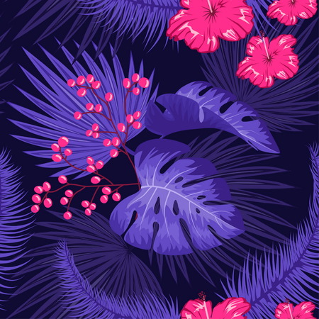 UV ultra violet luminous neon light effect pattern. Seamless repeating jungle rainforest plants, flowers and fern background, retro techno acid styling.のイラスト素材