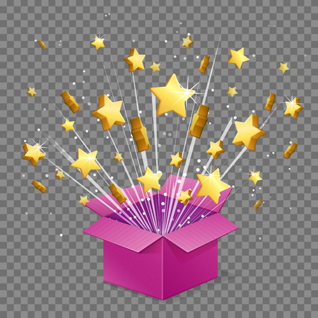 Unboxing present gift surprise box, star light beam lence flare explosion, shiny golden stars fly out of box. Bonus unlock prize winner illustration.のイラスト素材