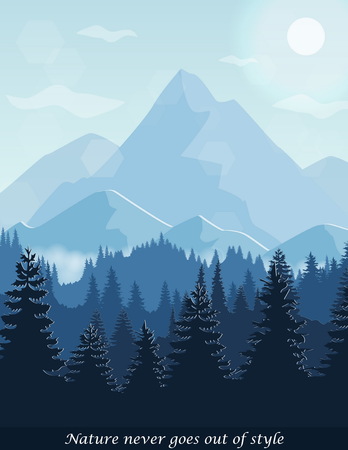 Illustration of peaceful pine forest aerial view, hills and mountains, fog landscape nature scene. Banner card illustration template.のイラスト素材