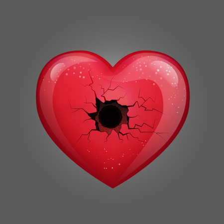 Illustration of red glossy heart with a bullet hole, broken love affection symbol with cracks. Love loss fail concept illustration.のイラスト素材