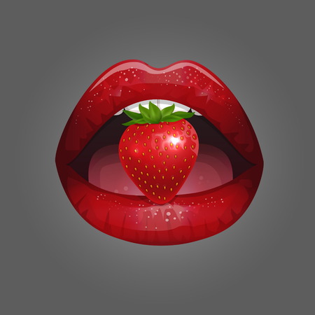 Glossy lady lips with red lipstick and strawberries.のイラスト素材