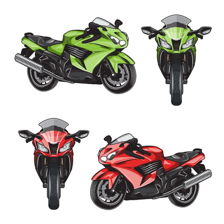 Collection of isolated powerful modern futuristic shiny sport bike illustrations. Front and side view morcycle, motorbike illustrations.のイラスト素材