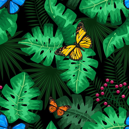Exotic tropical nature environment repeating pattern background. Seamless repeating jungle rainforest summer green plants, butterfly and fern background.のイラスト素材