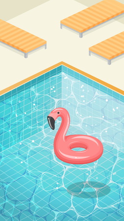 Clean blue sparkling water surface with ripples. Swimming pool HD screen wallpaper background, rubber flamingo swimming circle, pool outdoor party template,のイラスト素材