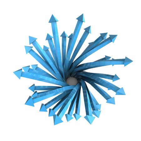 Blue arrows viewed from the top on white backgroundの写真素材