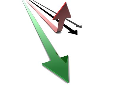 Red 3D Arrow standing up with other arrows continuing on white floorの写真素材