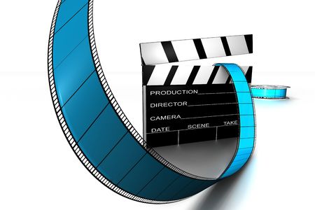 dynamic 3d Clapper board and film reel in blue and black on white back dropの写真素材