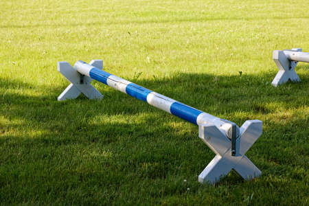blue and white deep horse hurdle on a green meadow in the shade, during the day, without people,...