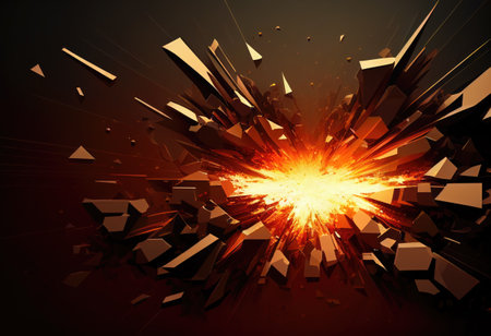 Explosion of geometric shapes with flakes on dark backgroundの素材