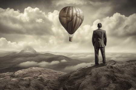 Lead And Learn Innovation Strategy. Rich businessman in the mountain looking the landscapeの素材