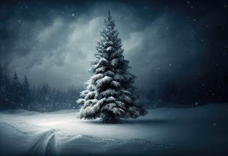Christmas tree and snow background. Shining christmas tree in a snowy winter forestの素材