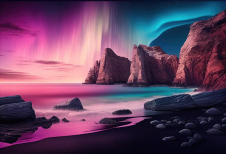 Abstract Panoramic background seascape with northern lightsの素材