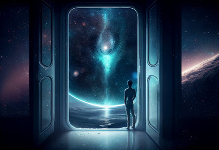 The essence of space. The mal looking through the opened doorの素材
