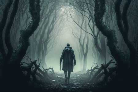 Man walking in a fairytalke dark forest with fogの素材