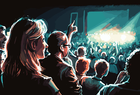 Audience at live concert. Woodcut style illustration of a large crowd of young peopleのイラスト素材
